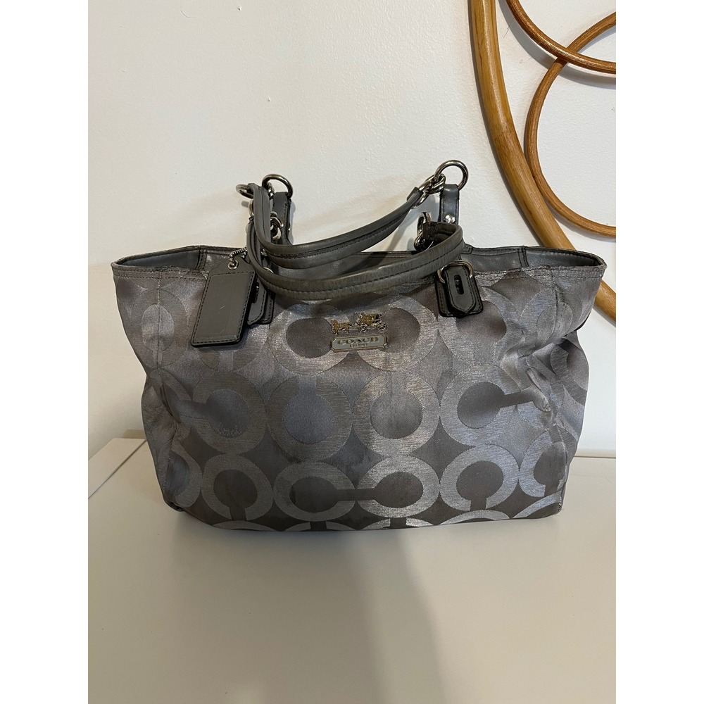 Coach Optic Signature Sateen Tote Bag Grey Silver Large C Shoulder Bag 15947